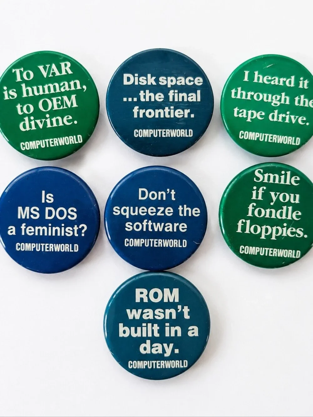 Vintage Computerworld Computer Humor Pinback Button Lot of 7 | MS-DOS ROM Floppi